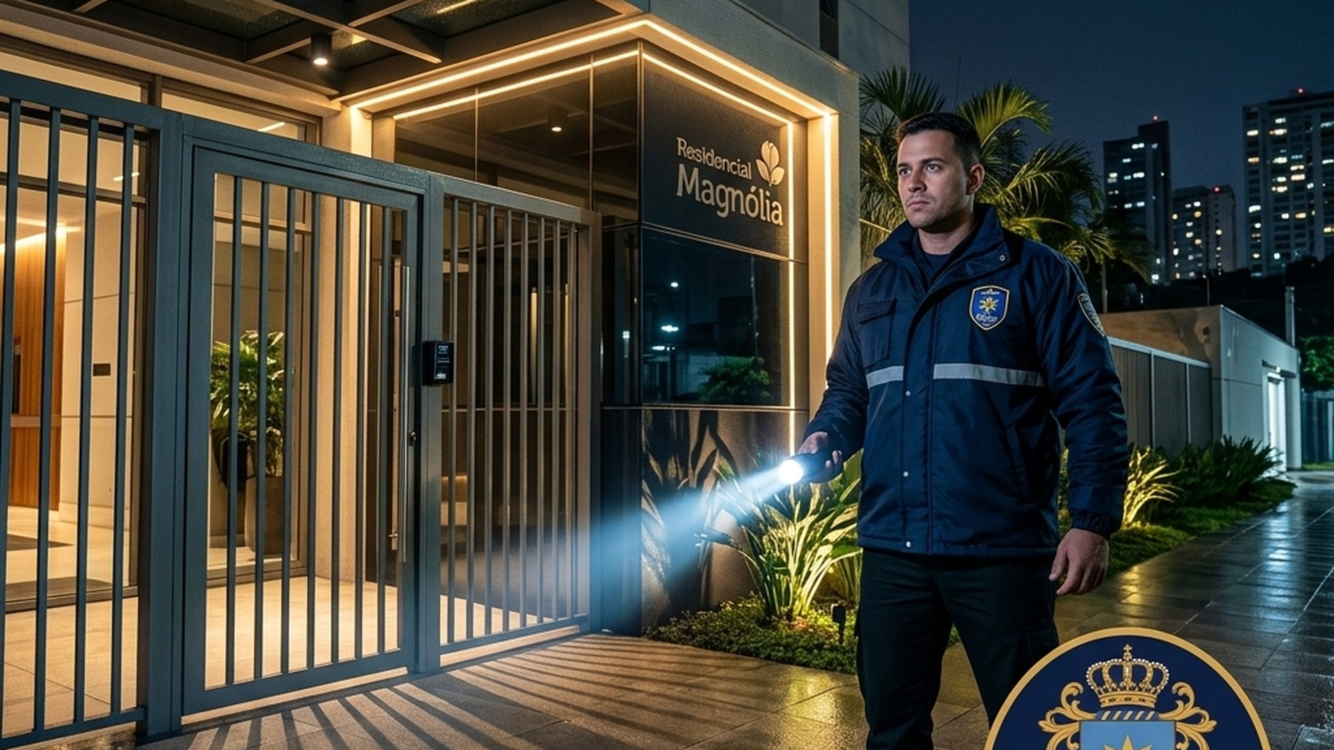 Profissional de segurança da Reis Personalité em ronda noturna